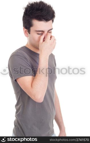 young sad man portrait expression isolated on white background (emotional or financial issue)