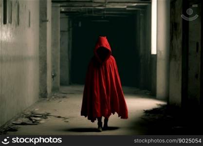 Young scared girl wearing red hood, Red Riding Hood in abandoned building