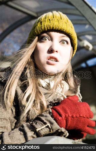Young Scared Woman Outdoors. People Walking Series.