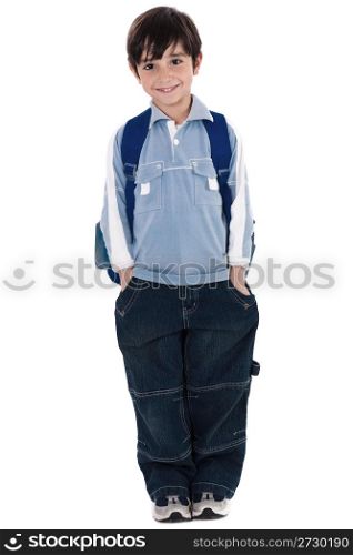 young school boy standing in white isolated background
