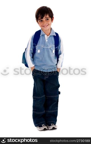 Young school boy standing on white isolated background