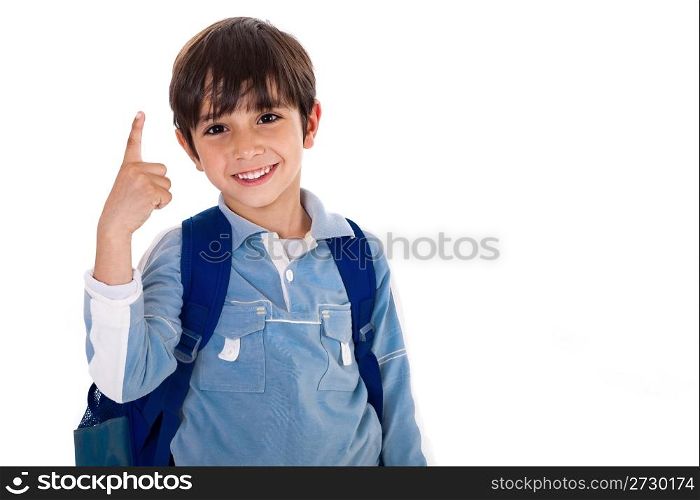 Young school boy with finger up on isolated white background