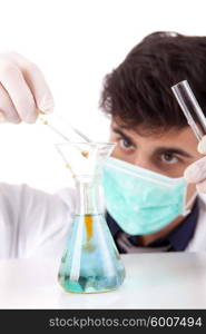 Young scientist at lab, isolated over white