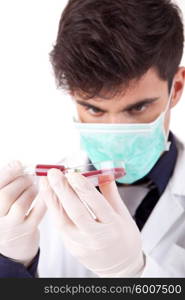 Young scientist at lab, isolated over white