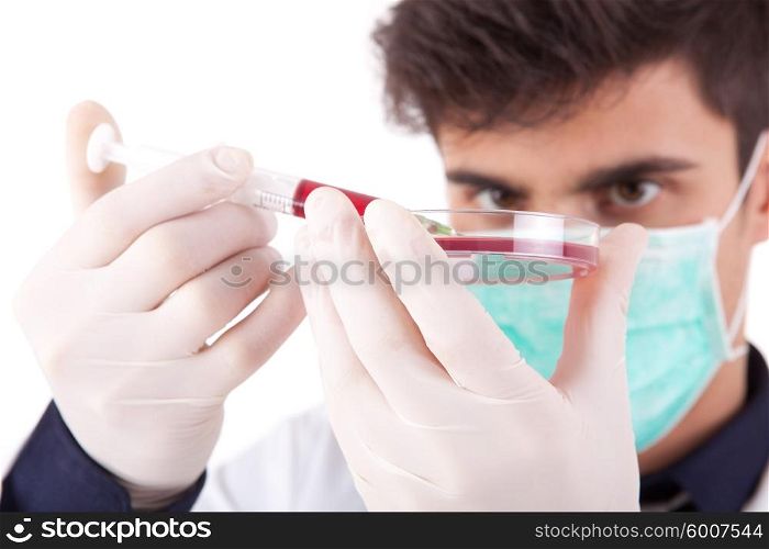 Young scientist at lab, isolated over white