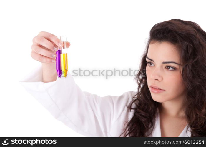 Young scientist at lab, isolated over white