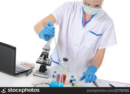 young scientist working in a bright room at the laboratory. Isolated on white background