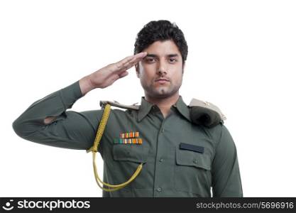 Young security guard saluting over white background