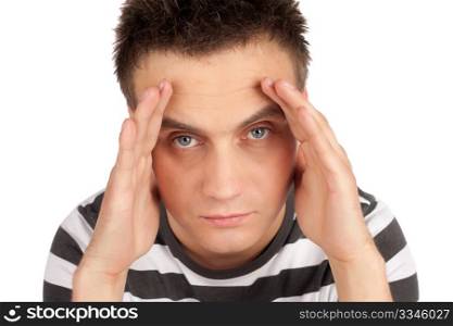 Young serious looking man frame his face with palms isolated over white background