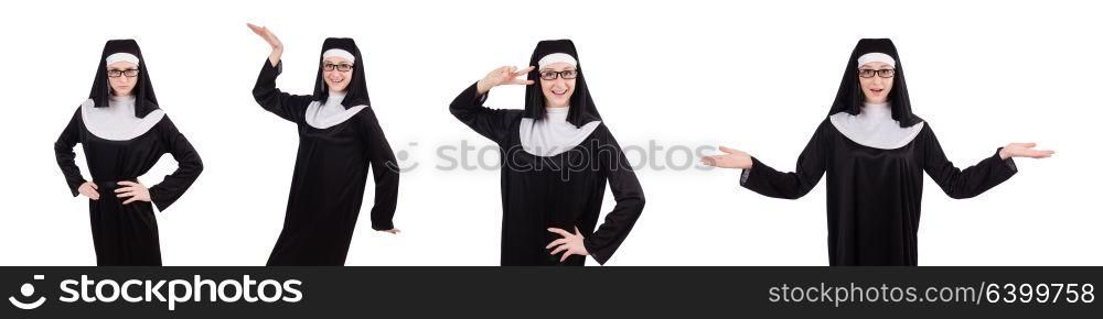 Young serious nun isolated on white