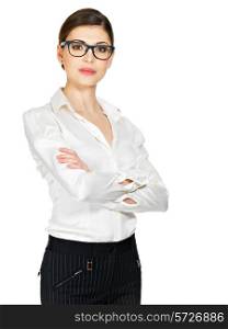 Young serious woman in glasses and white shirt having problems- isolated on white background&#xA;