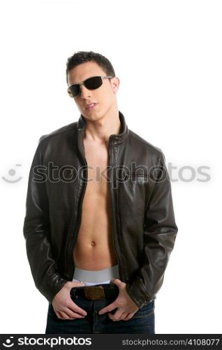Young sexy boy sunglasses and leather jacket isolated on white