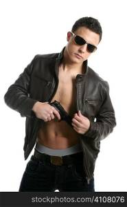 Young sexy boy sunglasses leather and gun pistol over white