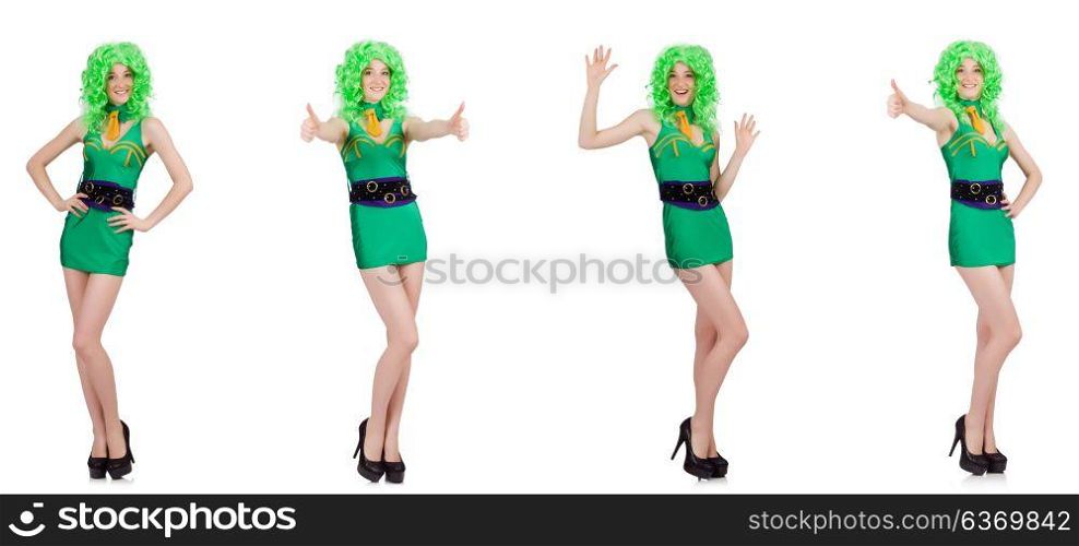 Young sexy girl in wig isolated on white. Young woman in green mini dress isolated on white