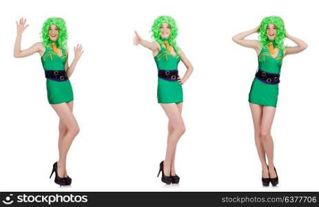 Young sexy girl in wig isolated on white. Young woman in green mini dress isolated on white