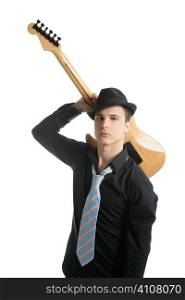 young sexy male guitar player, tie and black hat, isolated on white