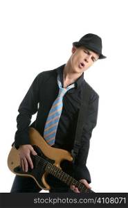 young sexy male guitar player, tie and black hat, isolated on white