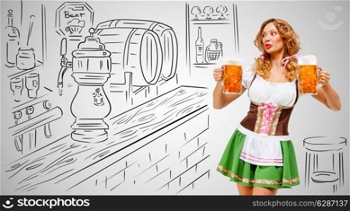 Young sexy Oktoberfest woman wearing a traditional Bavarian dress dirndl serving two beer mugs on grey sketchy bar counter background.