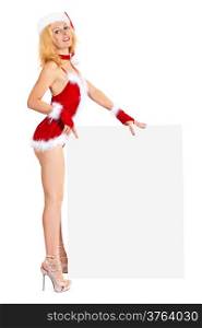 Young sexy Santa woman is holding a poster isolated a on white background