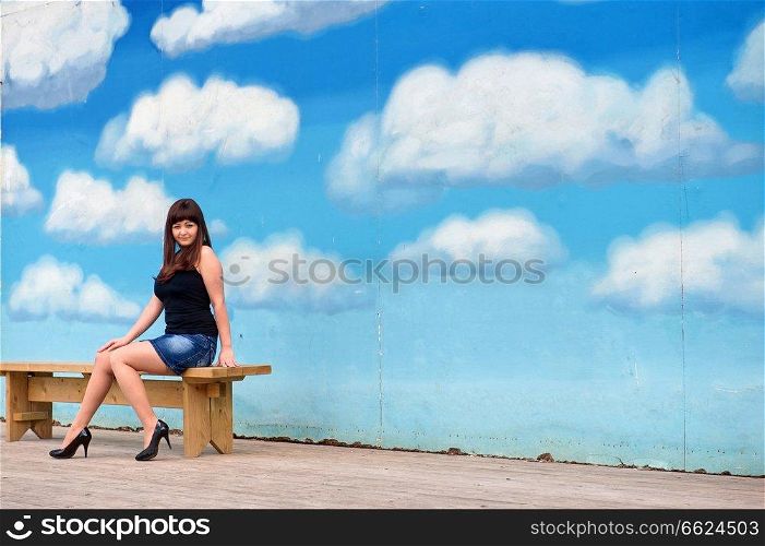 Young, sexy woman in short skirt sit on the bench on the background of blue sky drawing. 