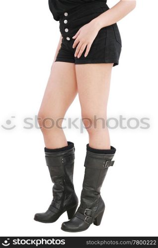 young sexy woman wearing black shorts and boots