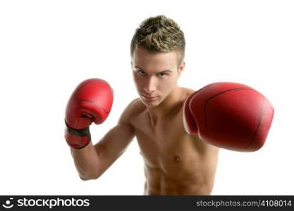 Young shaped man boxing, isolated studio shot