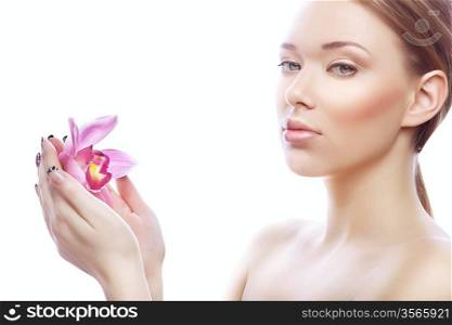 young shiny woman with flower on white background