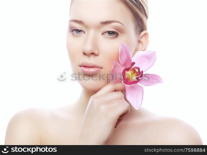 young shiny woman with pink flower on white background