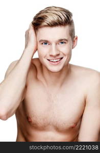 Young shirtless caucasian man isolated on white background. Young shirtless man isolated on white
