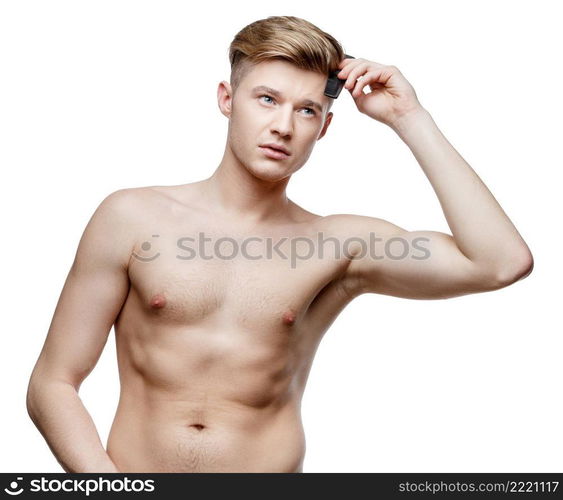 Young shirtless caucasian man isolated on white background. Young shirtless man isolated on white