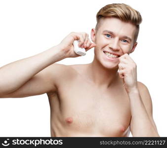 Young shirtless caucasian man isolated on white background. Young shirtless man isolated on white