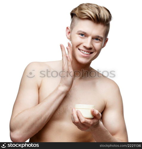 Young shirtless caucasian man isolated on white background. Young shirtless man isolated on white