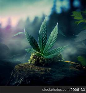 Young shoot of wild marijuana plant with first leaves on background of the soil. A sprouting plant of a hemp. Selective focus. Ai generated. Young shoot of wild marijuana plant with first leaves on background of the soil. A sprouting plant of a hemp. Selective focus.