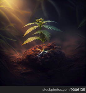 Young shoot of wild marijuana plant with first leaves on background of the soil. A sprouting plant of a hemp. Selective focus. Ai generated. Young shoot of wild marijuana plant with first leaves on background of the soil. A sprouting plant of a hemp. Selective focus.