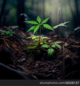 Young shoot of wild marijuana plant with first leaves on background of the soil. A sprouting plant of a hemp. Selective focus. Ai generated. Young shoot of wild marijuana plant with first leaves on background of the soil. A sprouting plant of a hemp. Selective focus.