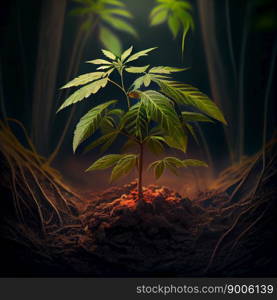 Young shoot of wild marijuana plant with first leaves on background of the soil. A sprouting plant of a hemp. Selective focus. Ai generated. Young shoot of wild marijuana plant with first leaves on background of the soil. A sprouting plant of a hemp. Selective focus.