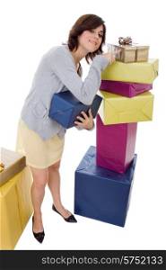 young shopaholic woman with lots of boxes, on white