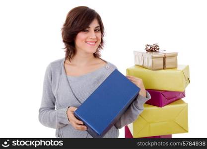 young shopaholic woman with lots of boxes, on white