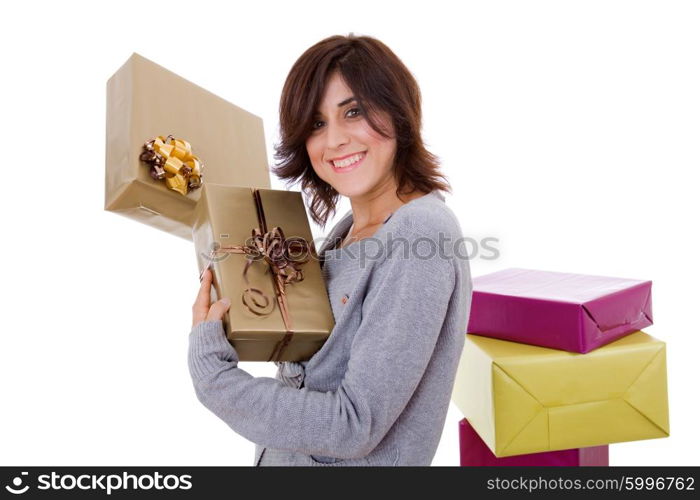 young shopaholic woman with lots of boxes, on white