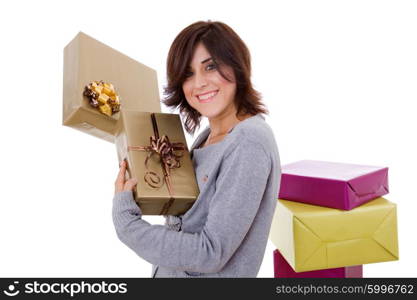 young shopaholic woman with lots of boxes, on white