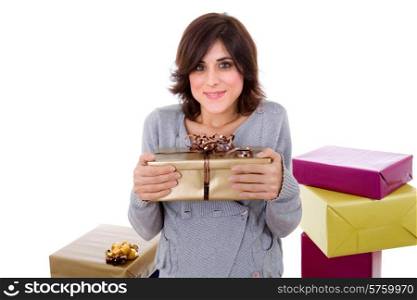 young shopaholic woman with lots of gifts