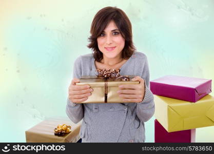 young shopaholic woman with lots of gifts