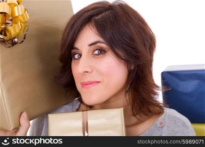 young shopaholic woman with lots of gifts, on white