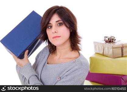 young shopaholic woman with lots of gifts, on white