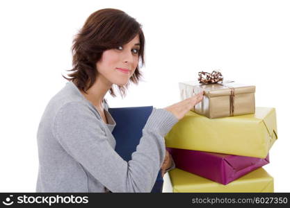 young shopaholic woman with lots of gifts, on white