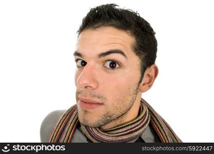 young silly man portrait in a white background