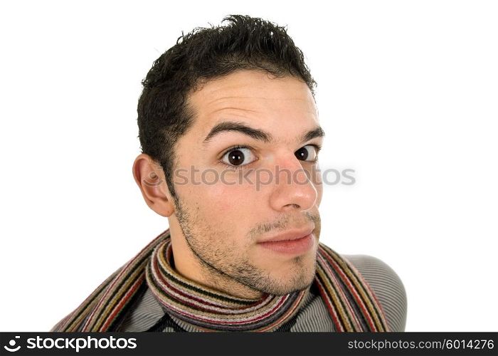 young silly man portrait in a white background