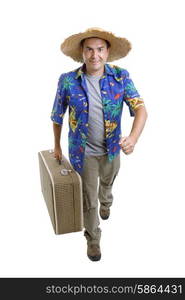 young silly man traveler, full body, isolated