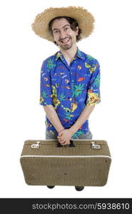 young silly man traveler, full body, isolated