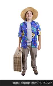 young silly man traveler, full body, isolated